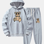 Plaid Pattern Dissolving Bear Print Drop Shoulder Relaxed Hoodie & Jogger Pants