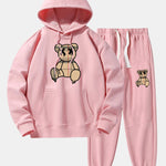 Plaid Pattern Dissolving Bear Print Drop Shoulder Relaxed Hoodie & Jogger Pants