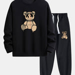 Plaid Pattern Dissolving Bear Print Relax Fit Sweatshirt & Jogger Pants