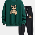 Plaid Pattern Dissolving Bear Print Relax Fit Sweatshirt & Jogger Pants