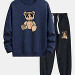 Plaid Pattern Dissolving Bear Print Relax Fit Sweatshirt & Jogger Pants
