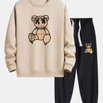 Plaid Pattern Dissolving Bear Print Relax Fit Sweatshirt & Jogger Pants