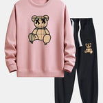 Plaid Pattern Dissolving Bear Print Relax Fit Sweatshirt & Jogger Pants