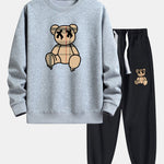 Plaid Pattern Dissolving Bear Print Relax Fit Sweatshirt & Jogger Pants