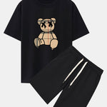 Plaid Pattern Dissolving Bear Print Oversize T-Shirt & Shorts