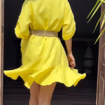 Solid Color Casual Lapel Pocket Ruffle Loose Mini Dress