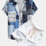 Paisley Patchwork Print Button Up Shirt #Random Pattern Design# & Swim Shorts