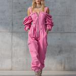 Stylish And Modern Long-sleeved Strappy Tapered Legs Pink Denim Jumpsuit