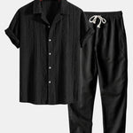 Geometric Jacquard Eyelet Cuban Shirt & Straight Leg Linen Pants