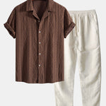 Geometric Jacquard Eyelet Cuban Shirt & Straight Leg Linen Pants