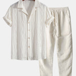 Geometric Jacquard Eyelet Cuban Shirt & Straight Leg Linen Pants