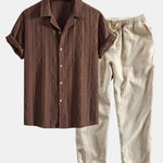Geometric Jacquard Eyelet Cuban Shirt & Linen Cotton Blend Cropped Pants