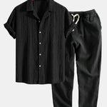 Geometric Jacquard Eyelet Cuban Shirt & Linen Cotton Blend Cropped Pants