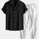 Geometric Jacquard Eyelet Cuban Shirt & Linen Cotton Blend Cropped Pants
