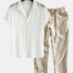 Geometry Textured Cuban Shirt & Linen Cotton Blend Cropped Pants