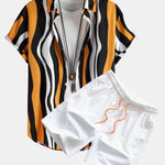 Wavy Print Button Up Shirt & Swim Shorts