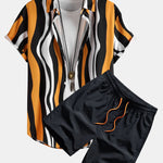 Wavy Print Button Up Shirt & Swim Shorts