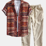 Floral Geometric Patchwork Print Cotton Shirt & Linen Cotton Blend Cropped Pants