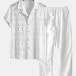 Short Sleeve Geometry Textured Cuban Shirt & Straight Leg Linen Pants