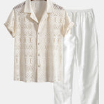 Short Sleeve Geometry Textured Cuban Shirt & Straight Leg Linen Pants