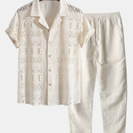 Short Sleeve Geometry Textured Cuban Shirt & Straight Leg Linen Pants