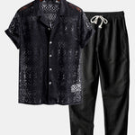 Short Sleeve Geometry Textured Cuban Shirt & Straight Leg Linen Pants