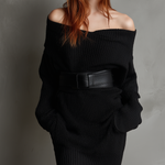 Women's Elegant Black Knitted V-neck Off-the-shoulder Long And Short Dress