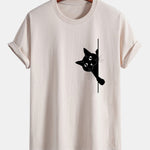 Regular Fit Black Cat Print Cotton T-Shirt