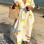 Margovil V Neck Button Down Tropic Print Sun-kissed Maxi Holiday Dress