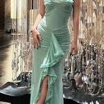 Margovil Spaghetti Strap Frill Trim Draped Slit Maxi Dress
