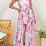 Strapless Floral Print Tie Waist Split Wide Leg Jumpsuit
