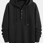 Long Sleeve Waffle Half Button Placket Arc Hem Hooded T-shirt