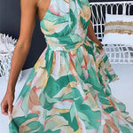 Halter Neck Open Back Waisted Printed Maxi Dress