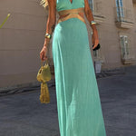 Tie Bow Backless Cut Out Color Block Maxi Dress