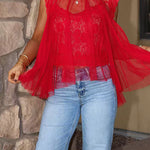 Solid Mockneck Tulle Cover Up Top with Crop Lace Camisole