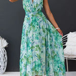 Margovil V Neck Waisted Cut Out Floral Pleated Maxi Dress