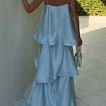 Margovil Adjustable Strap Ruffle Layered Satin Maxi Dress