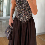 Margovil Crewneck Sleeveless Glitter Sequin Splice Maxi Dress