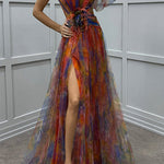Margovil One Shoulder Waisted High Slit Mesh Overlay Printed Maxi Dress