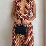 Margovil Chic Back Criss Cross Knot Waist Wide Leg Printed Jumpsuit
