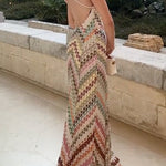 V Neck Open Back Colorful Print Maxi Dress