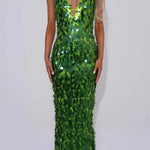 Margovil Spaghetti Strap V Neck Glitter Sequin Maxi Party Dress