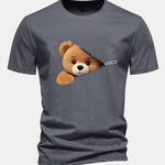 Regular Fit Zipper Bear Print Cotton T-Shirt