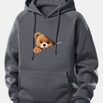 Zipper Bear Print Drawstring Hoodie