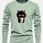 Long Sleeve Black Cat Drinking Coffee Print Cotton T-Shirt