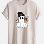 Regular Fit Halloween Ghost Coffee Print Cotton T-Shirt