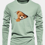 Long Sleeve Zipper Bear Print Cotton T-Shirt