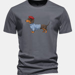 Regular Fit Dachshund Wearing Striped Sweater Print Cotton T-Shirt