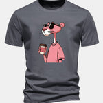 Regular Fit Pink Panther Drinking Coffee Print Cotton T-Shirt