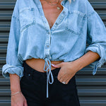 Margovil Long Sleeves Drawstring Hem Cropped Denim Shirt